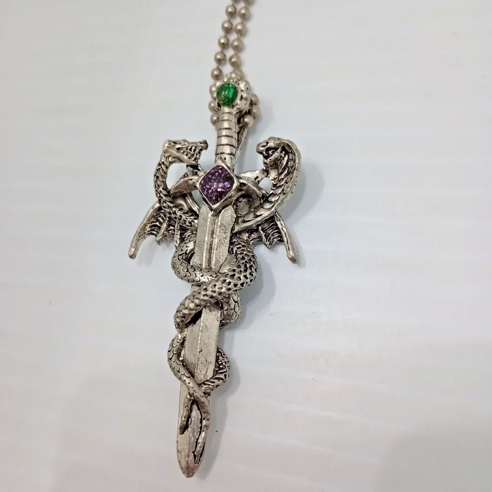 CCI Dragon Sword Pendant Necklace Gothic Fantasy Silver Tone 2 1/2 Inch